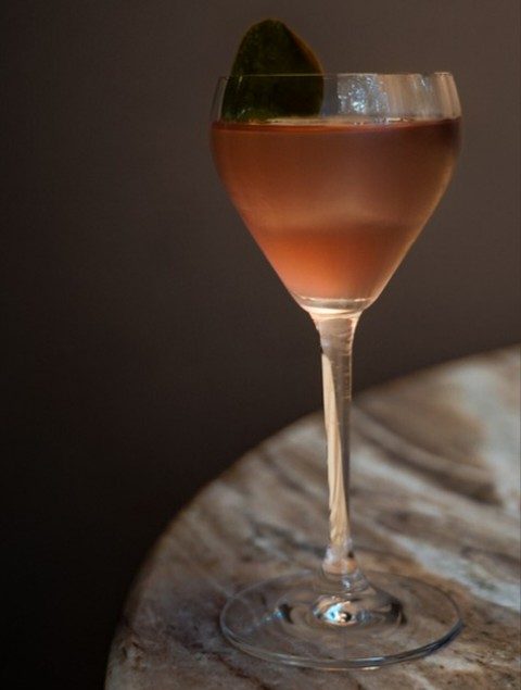 Maize & Melon, a spirit-free cocktail of blue corn, winter melon and briny caper leaf on the Vendador fall and winter cocktail menu