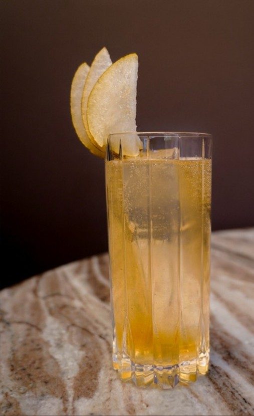 Orchard Row, a cocktail of vanilla vodka, citrus oleo, green cardamom and pear on the Vendador fall and winter cocktail menu