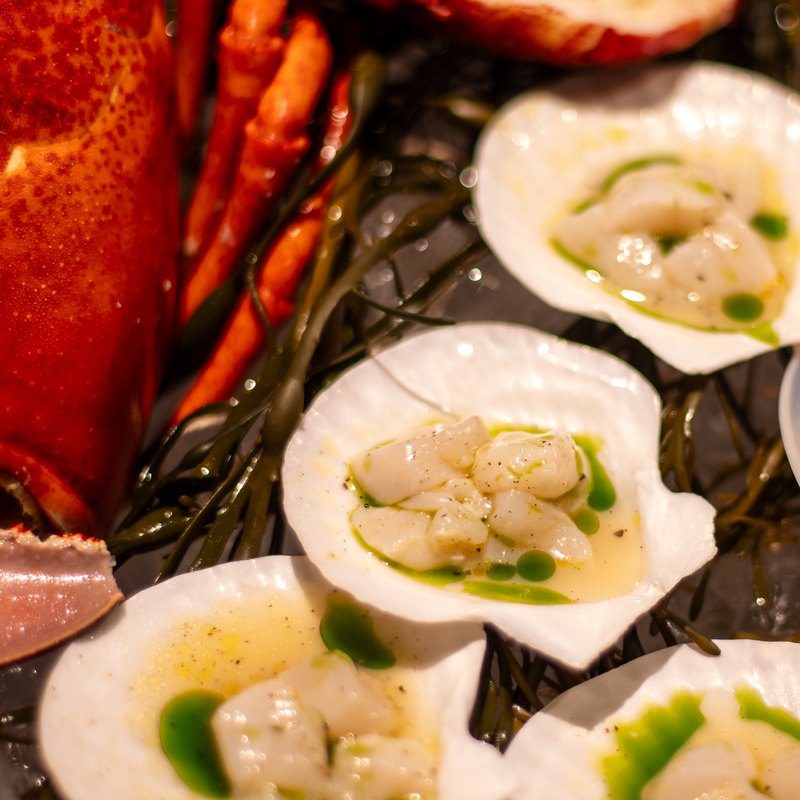 Scallop ceviche with yuzu and chive served in shells at the raw bar