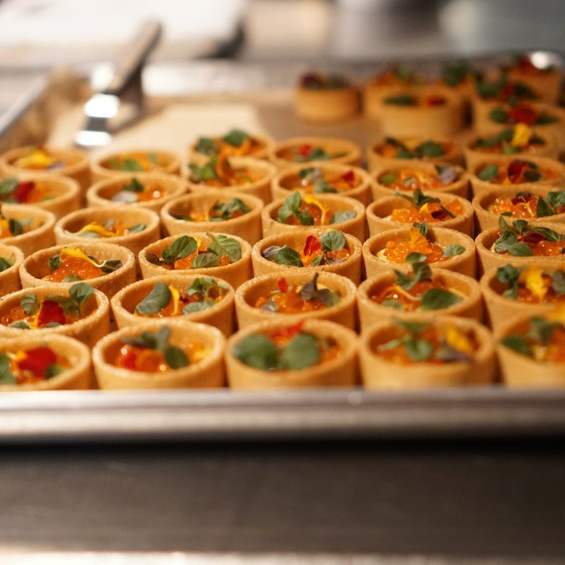 Smoked salmon bavarois tartlets with smoked trout roe